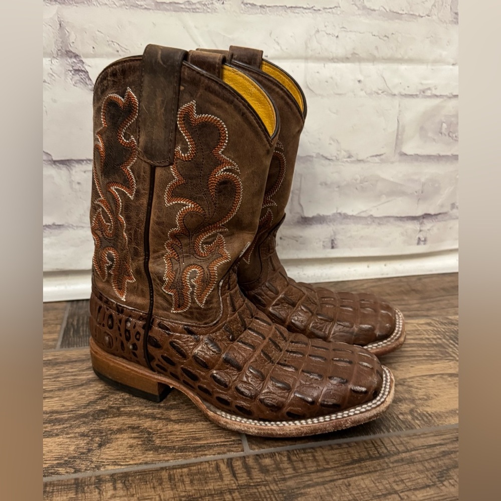 Horse Power HP Boots Kids Size 2 Chocolate Nile‎ Print Cowboy Boots Square Toe